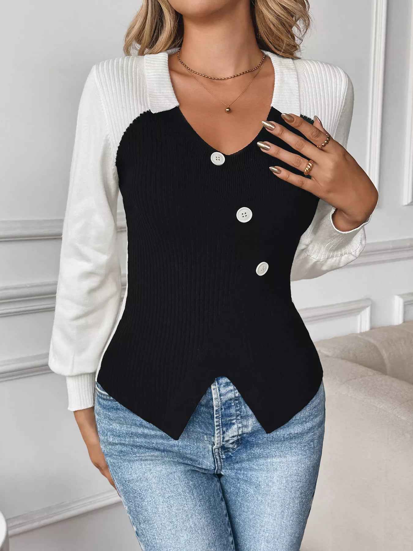 Color Block V-Neck Sweater - Chic Button Detail - Fashions Envy