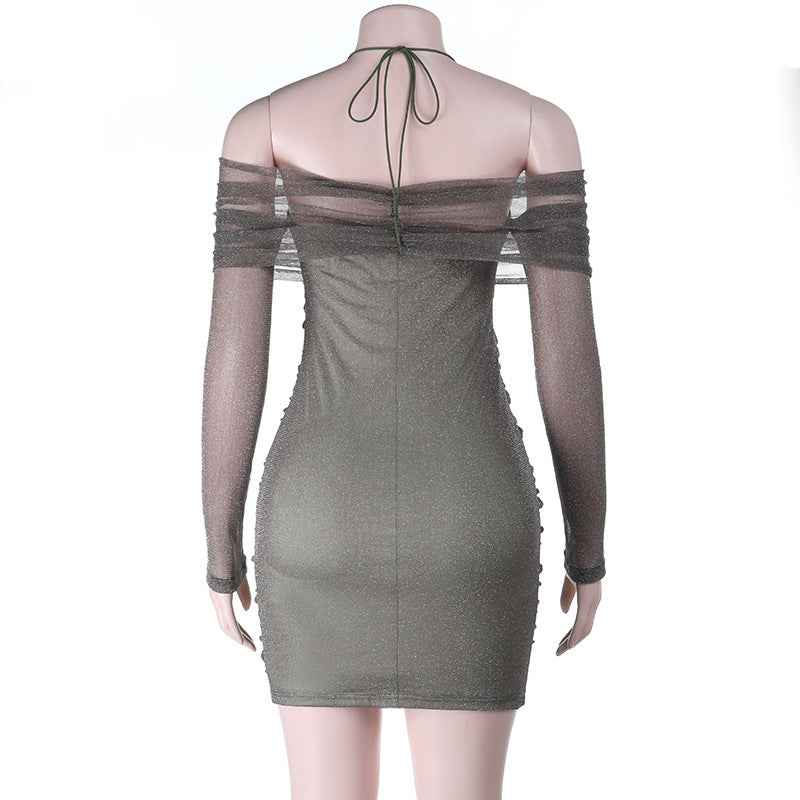 Sexy Sequin Pleated Mini - Off-Shoulder Tied Bodycon Dress