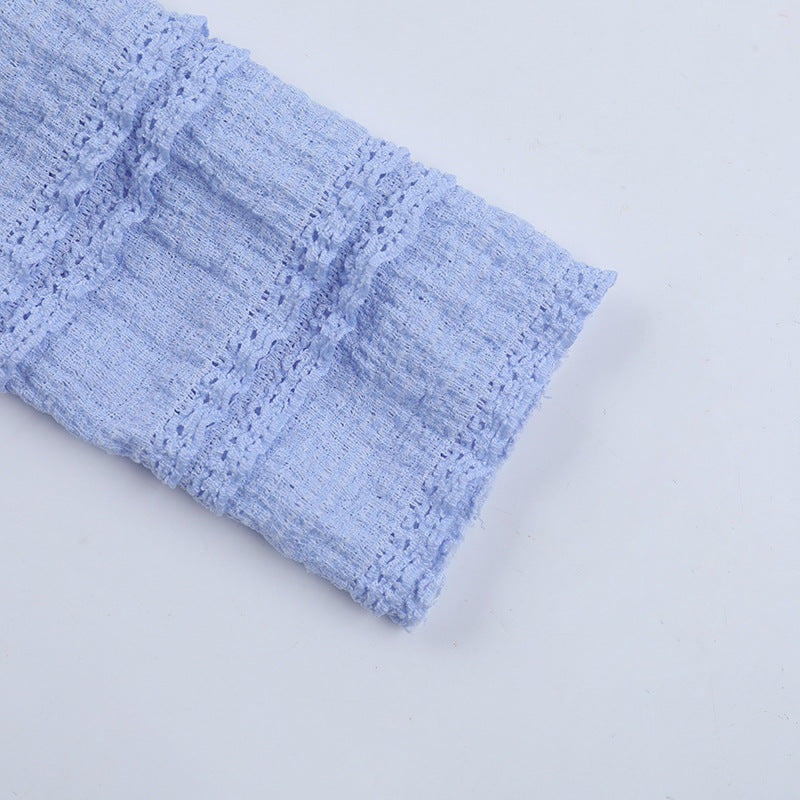 V-Neck Knit Mini Dress - Blue Textured Long Sleeve - Fashions Envy