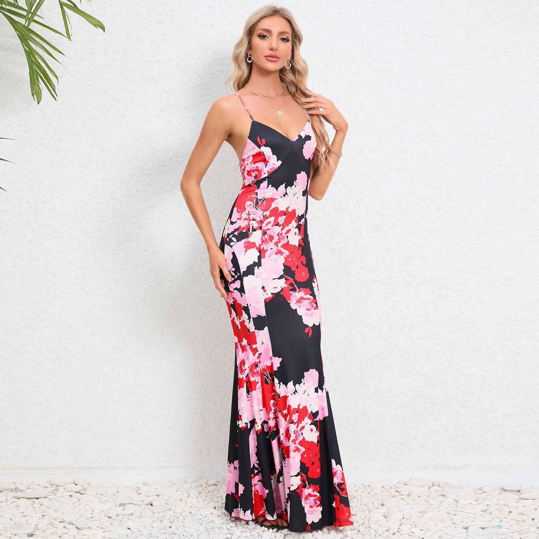 Floral Spaghetti Strap Maxi Dress - V-Neck Flowy Sleeveless