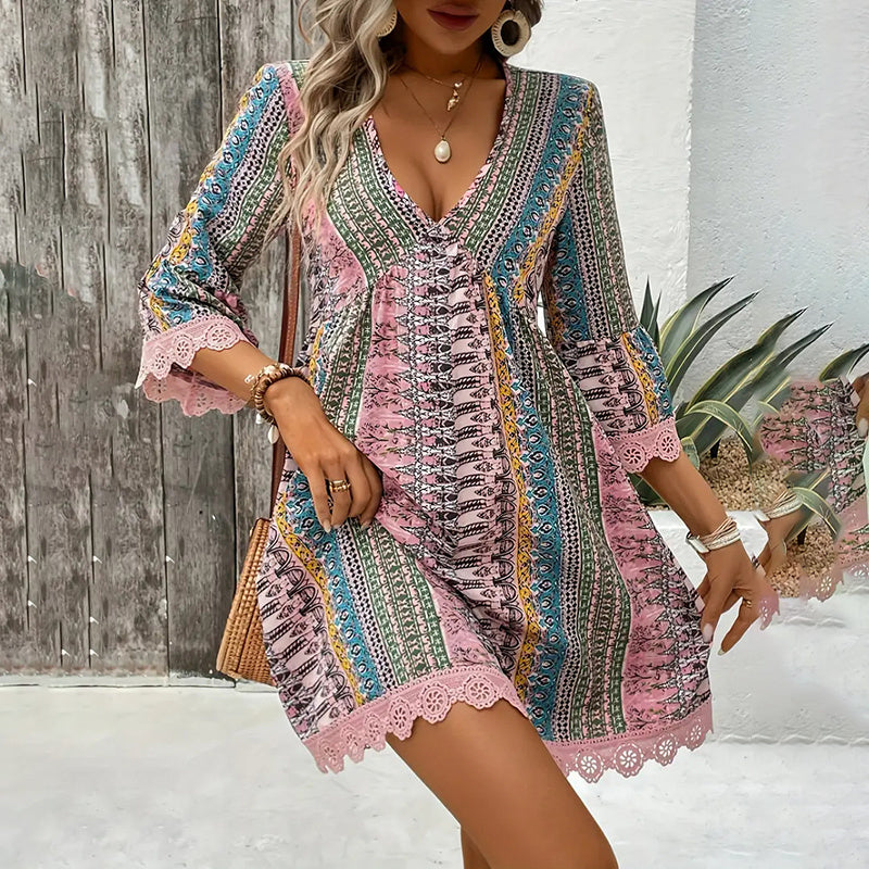 Boho V-Neck Sundress - Lace Trim Print Dress