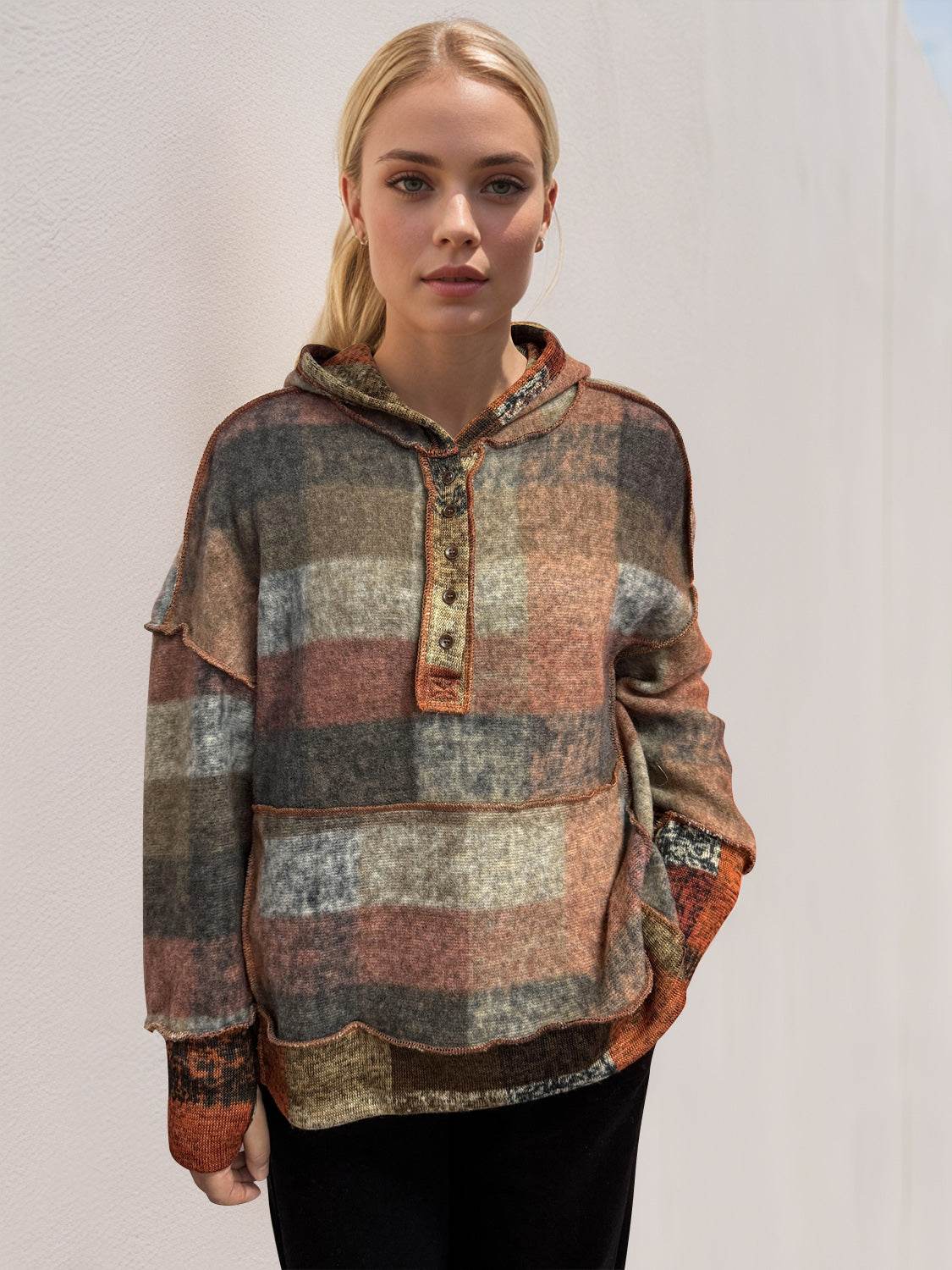 Double Take Full Size Plaid Dropped Shoulder Hoodie - Fashions Envy