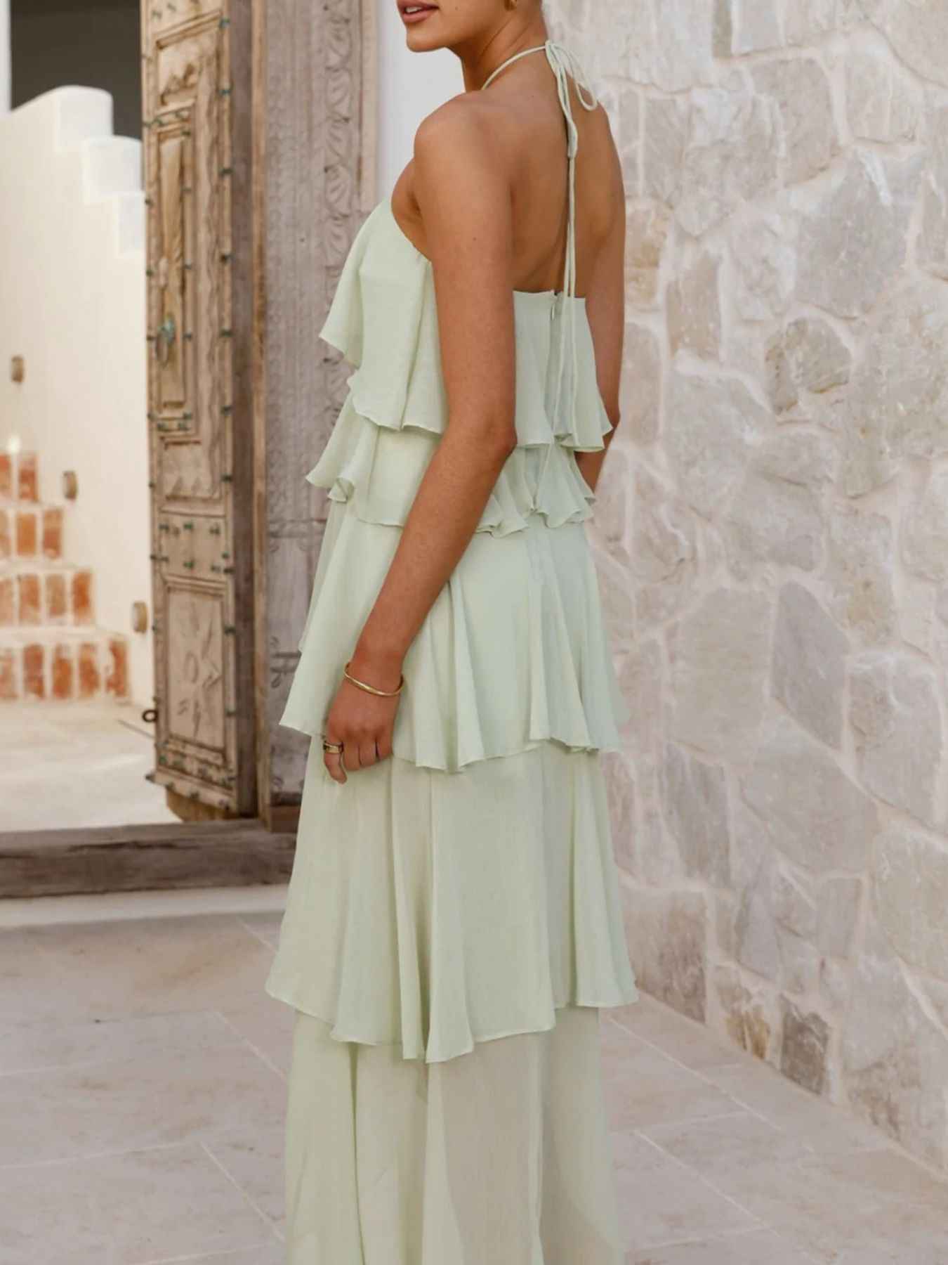 Tiered Ruffle Halter Midi Dress - Layered Flowy Style