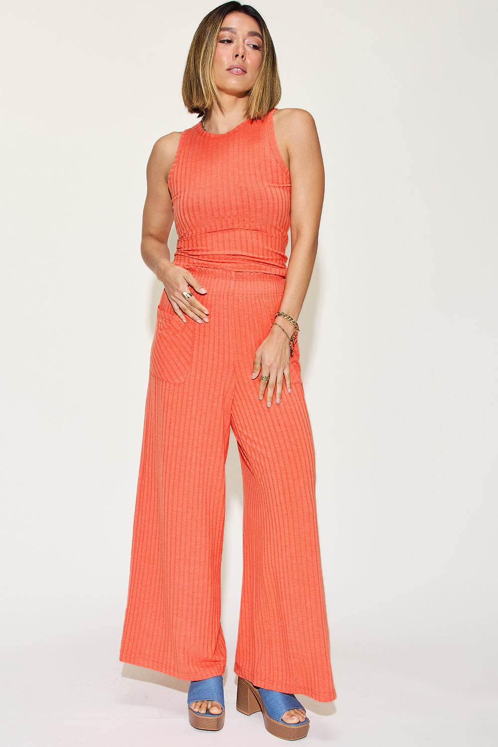 Basic Bae Full Size Ribbed Tank and Wide Leg Pants Set - Fashions Envy