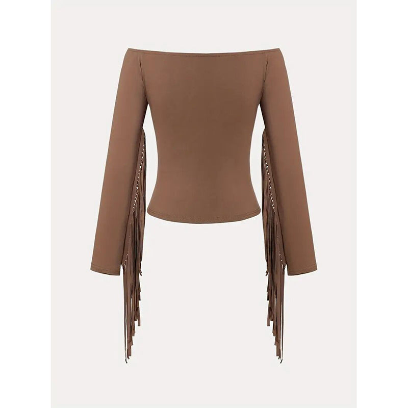Western Cowgirl Off-Shoulder Fringe Slim Fitted Top
