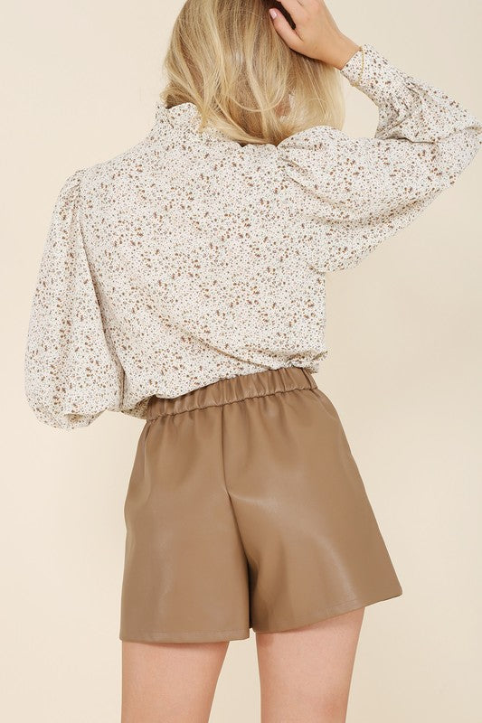 Pintuck Vegan Wide Elastic Band Leather Mini Shorts