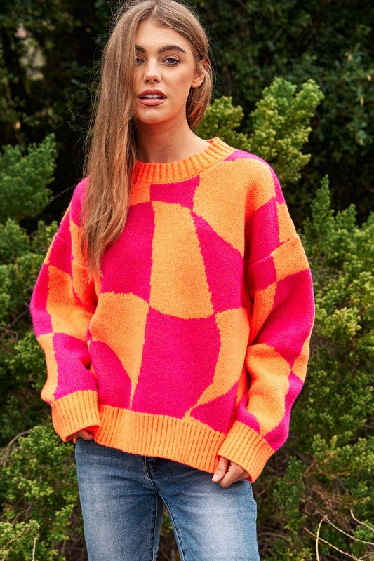 Oversized Multi Geo Checker Pullover Knit Sweater