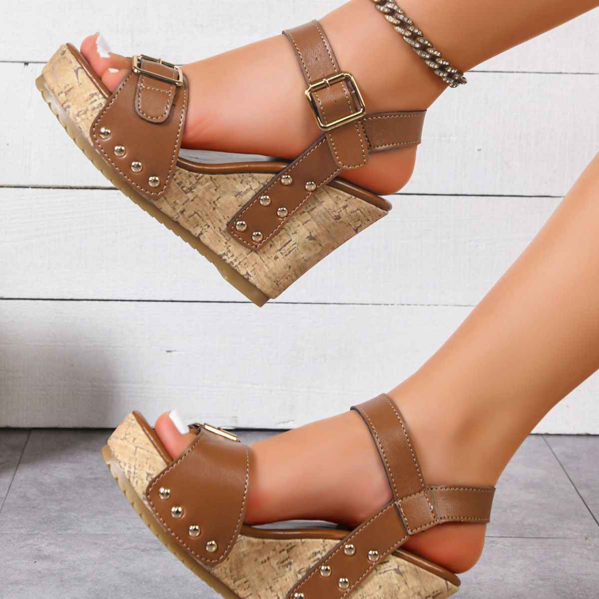 Open Toe Wedge Sandals - Woven Platform Ankle Strap
