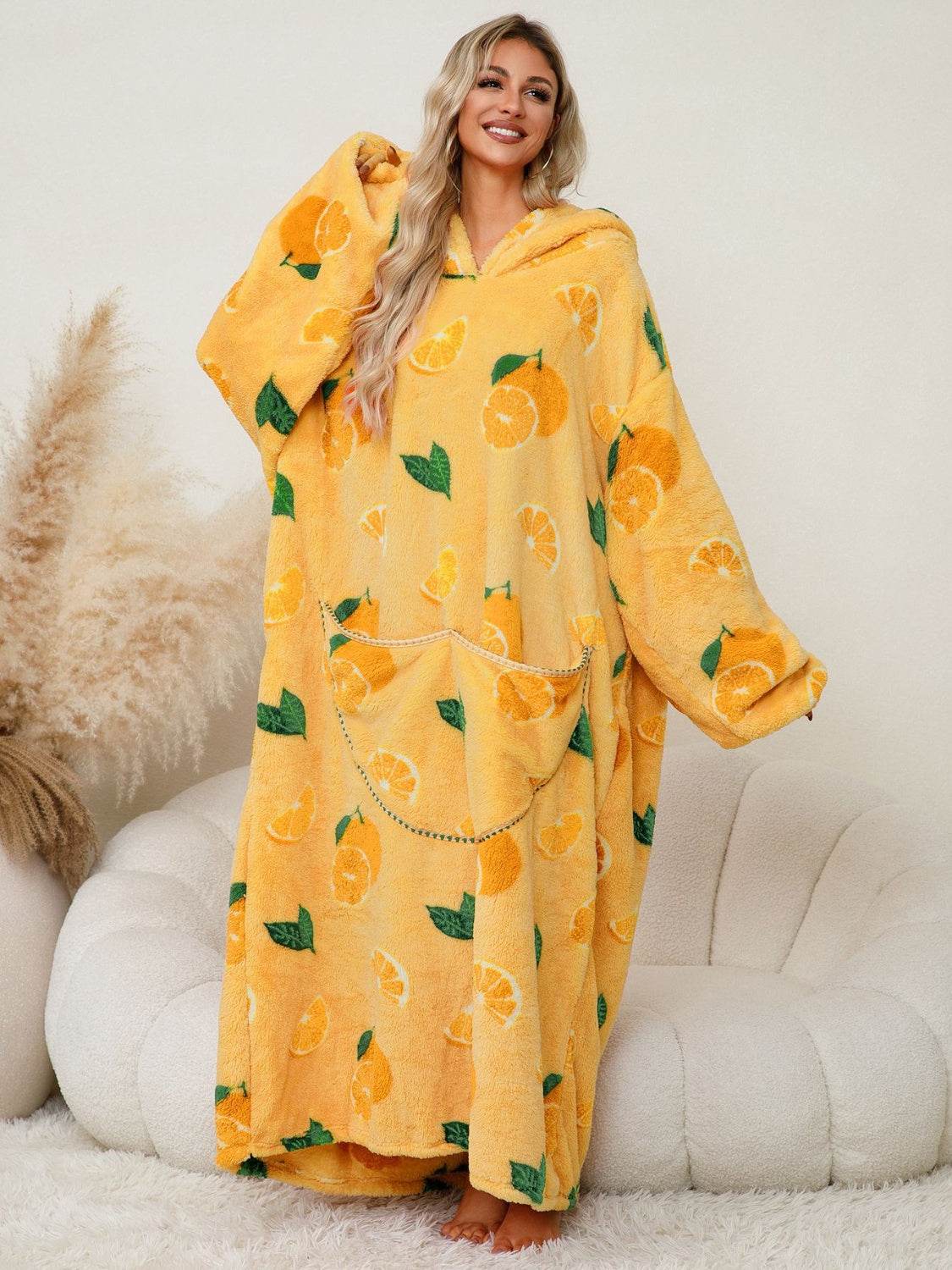 Fuzzy Pocketed Long Sleeve Hooded Lounge Dress - Fashions Envy