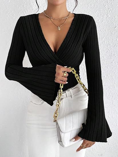 Ribbed V-Neck Top - Flared Sleeve Elegant Fit