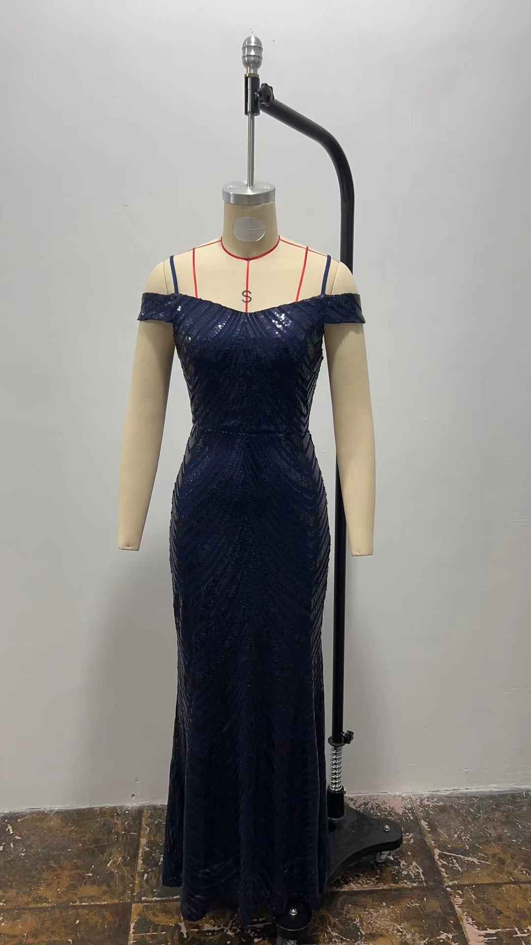 Blue Sequin Maxi Dress - Off Shoulder Spaghetti Strap Gown