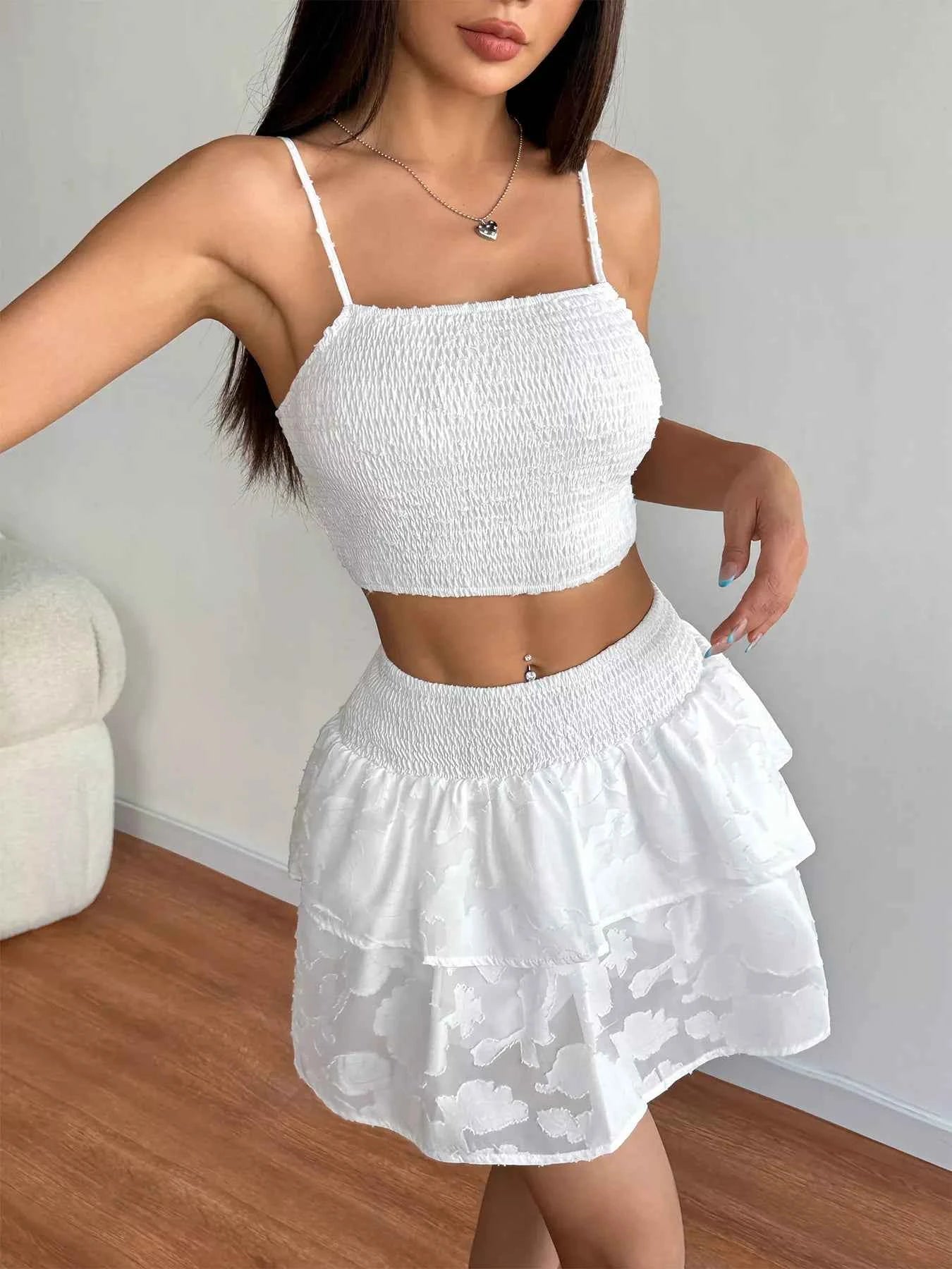 Two Piece Outfit Set - Smocked Crop Top Ruffle Skirt