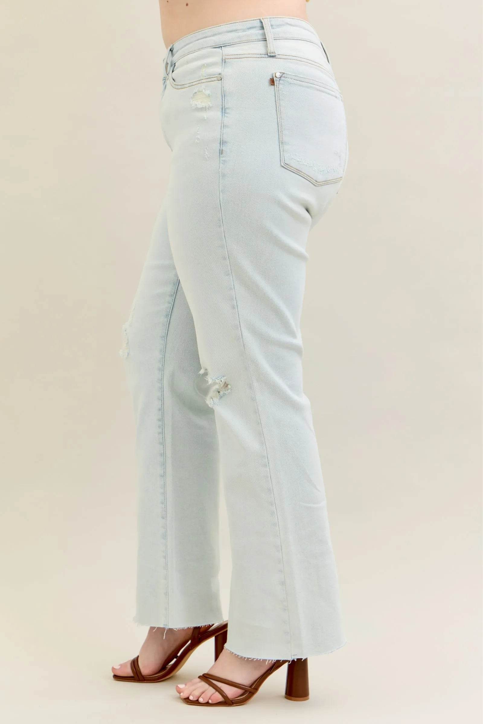 Judy Blue Full Size Destroy & Fray Hem Bootcut Jeans Plus Size - Fashions Envy