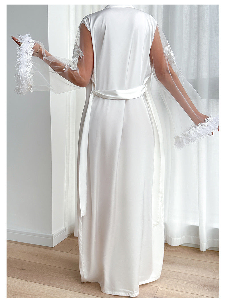 Sheer Lace Robe - Full Length Boa Sleeve Intimate Wear