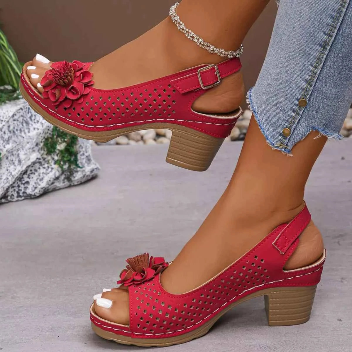 Floral Accent Block Heel Sandals