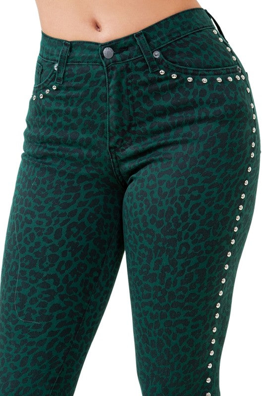 Green Leopard Studded Bell Bottom Jeans