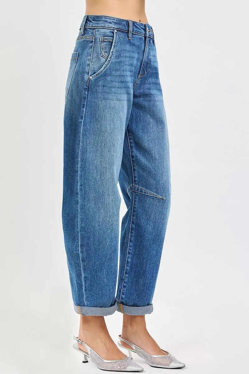 RISEN Barrel Jeans - Slouchy Cropped Cuffed Hem - Fashions Envy