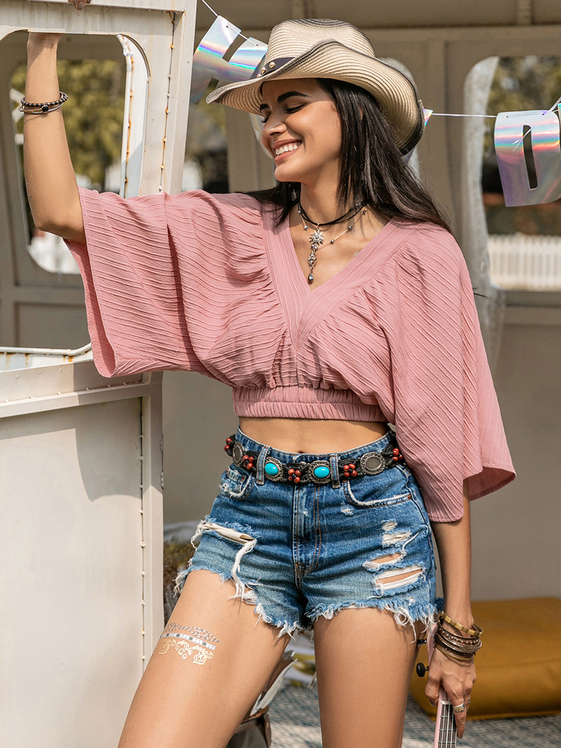 Dusty Pink Textured V-Neck Crop Top