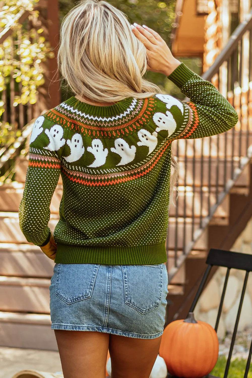 Ghost Round Neck Long Sleeve Sweater - Halloween Knit Top - Fashions Envy