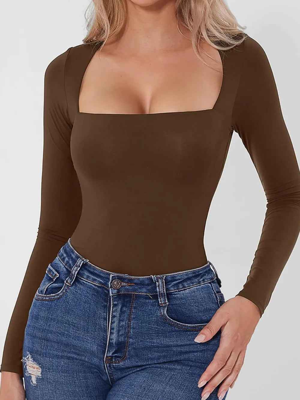 Square Neck Long Sleeve Bodysuit - Sleek Fitted Style - Fashions Envy