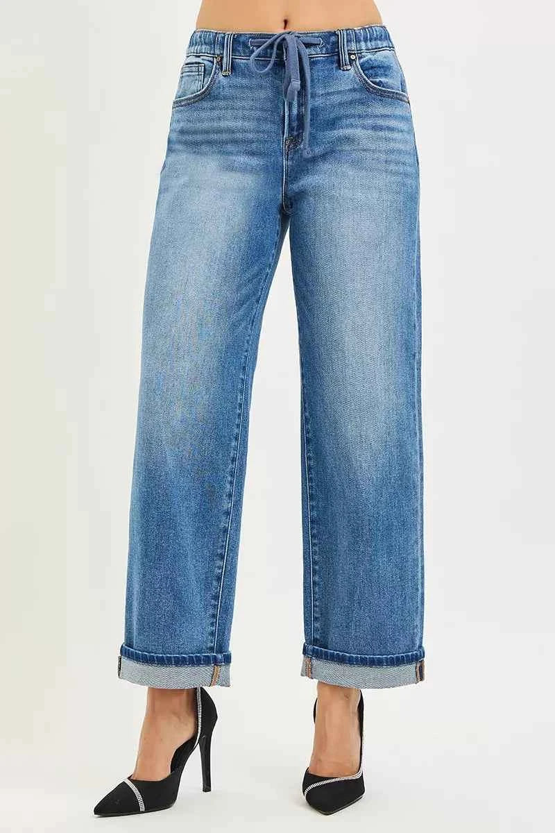 RISEN Slouchy Boyfriend Jeans - Elastic Waist Cuffed Ankle