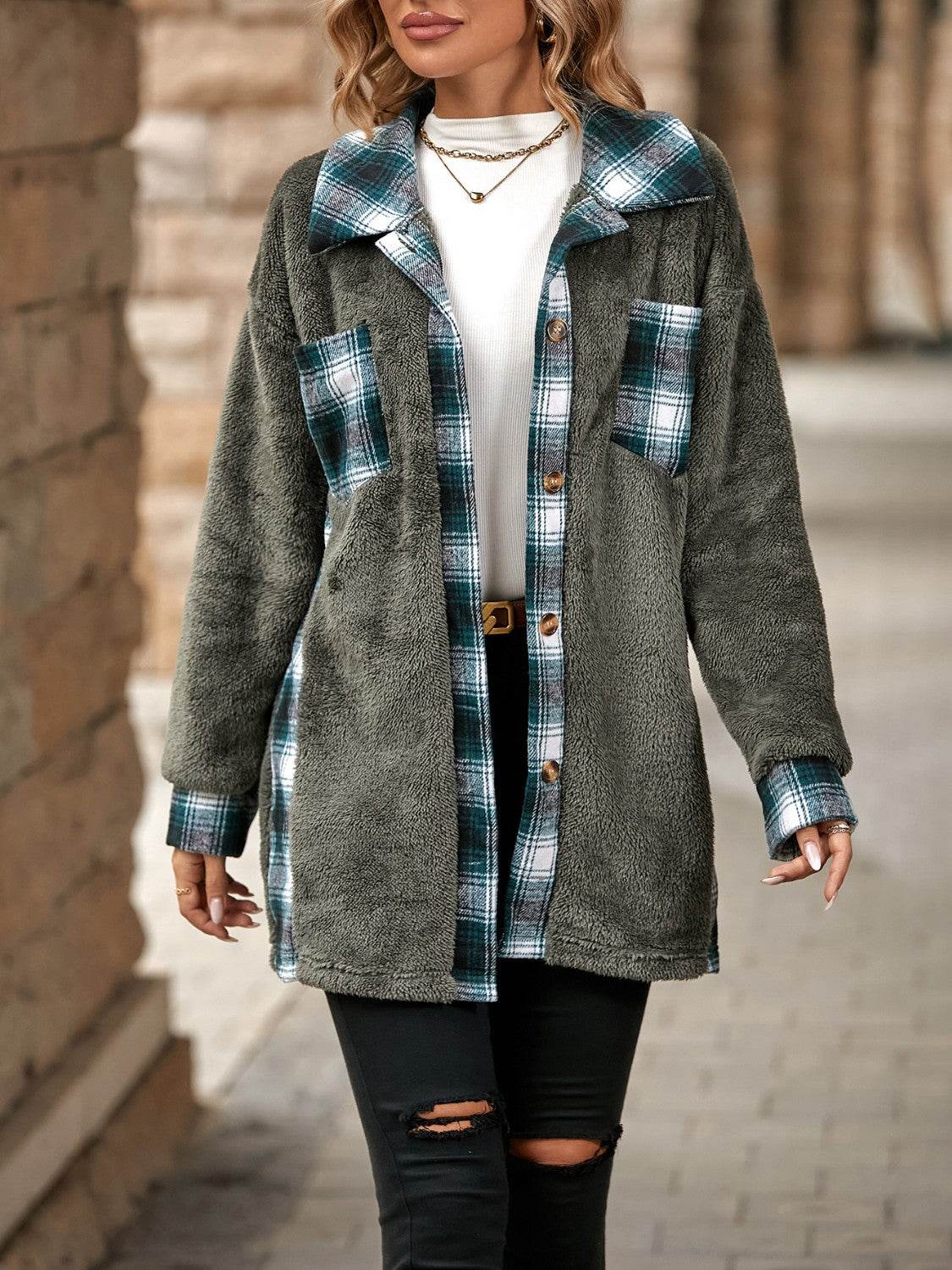 Plaid Contrast Dropped Shoulder Coat - Fashions Envy