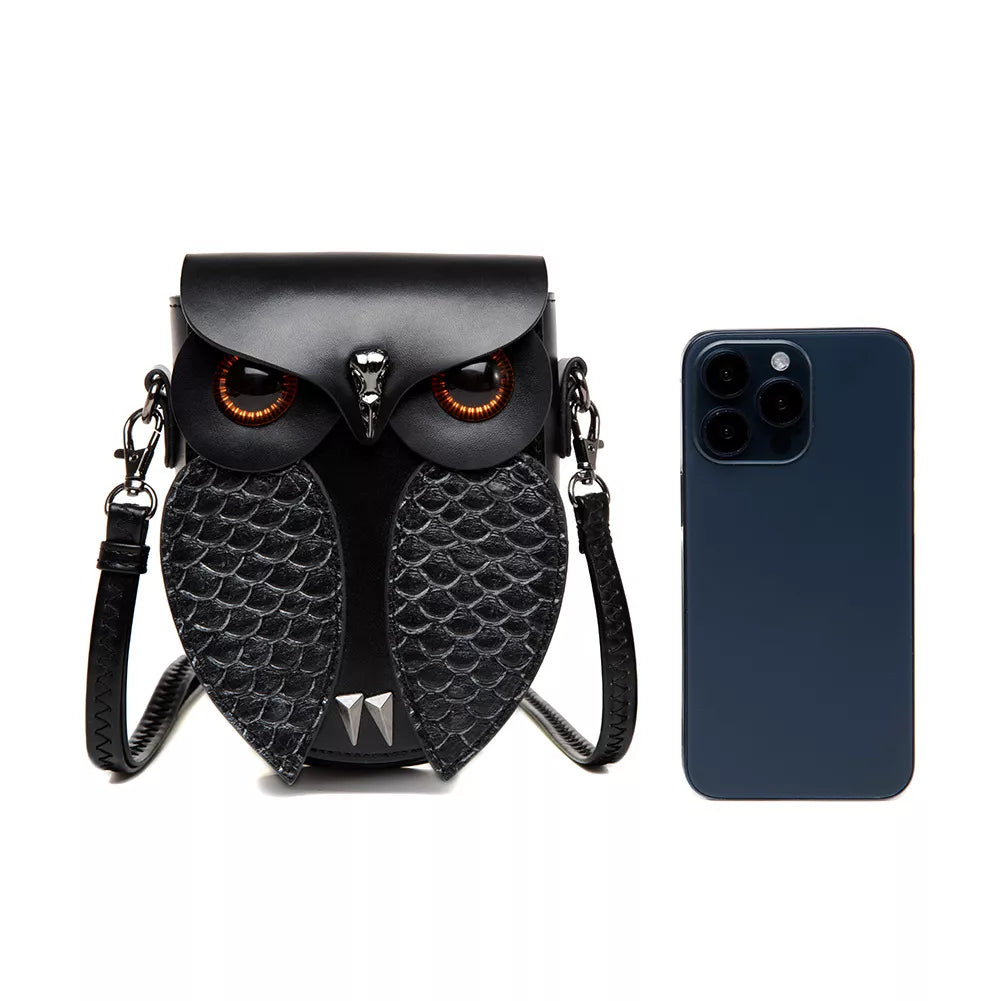 Owl Crossbody Bag - Black Leather Mini Design - Fashions Envy