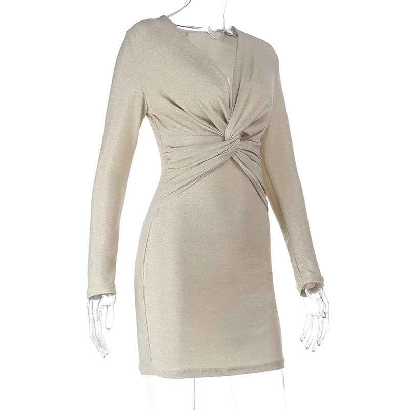 Gold Bodycon Dress - Twisted V-Neck Long Sleeve Wrap