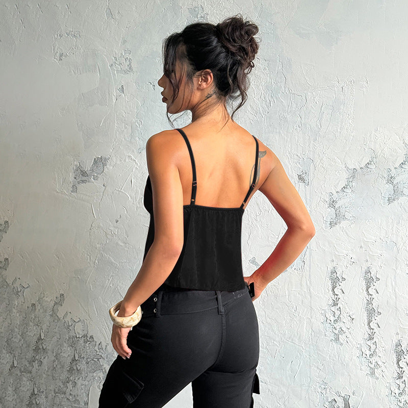 Satin Jacquard Slip Cami Top - V-Neck Loose Fit