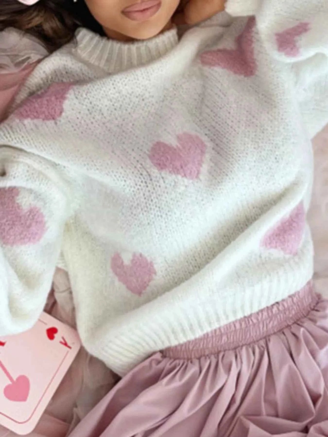 Heart Round Neck Knitted Sweater