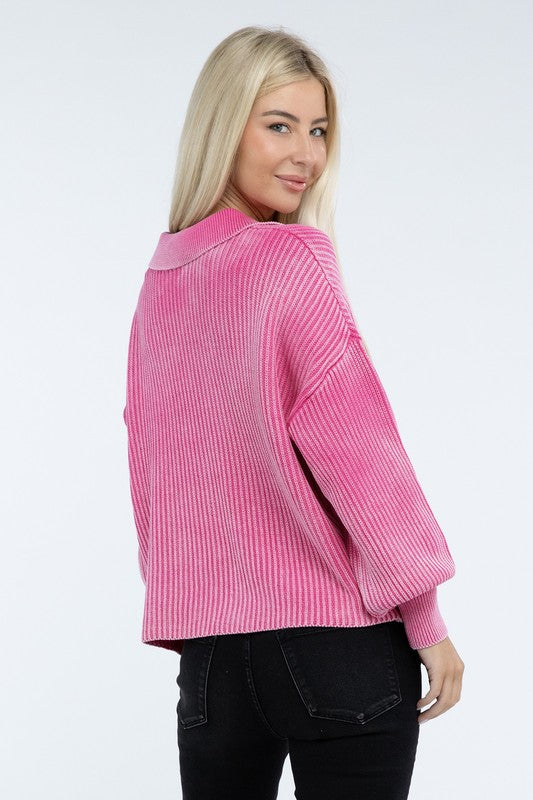 Ribbed Washed Collared Henley Sweater