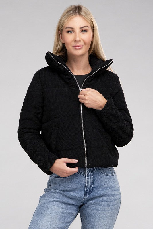 High Collar Corduroy Zip-Up Long Sleeve Jacket