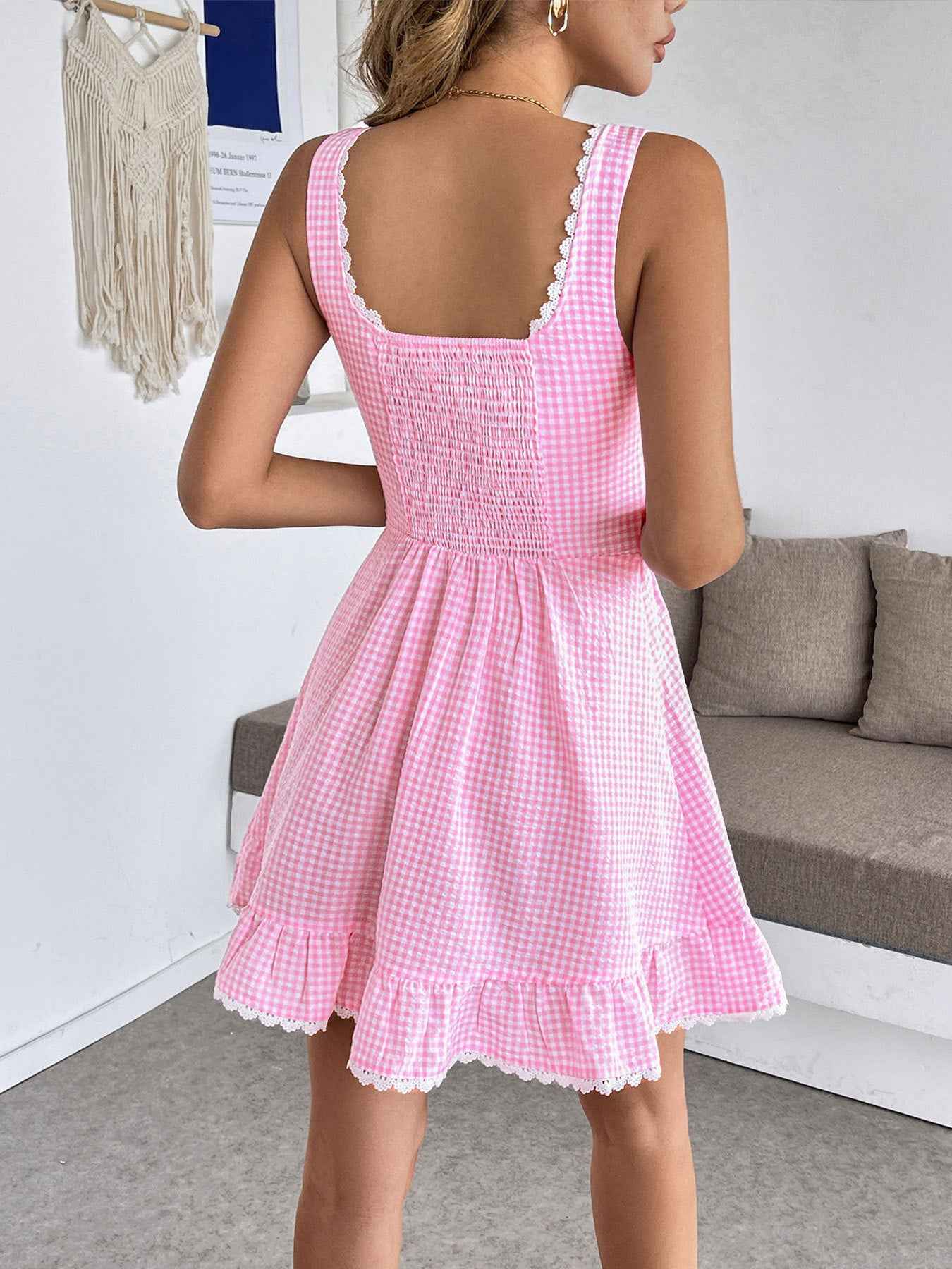 Gingham Lace Trim Mini Dress - Smocked Tie Strap