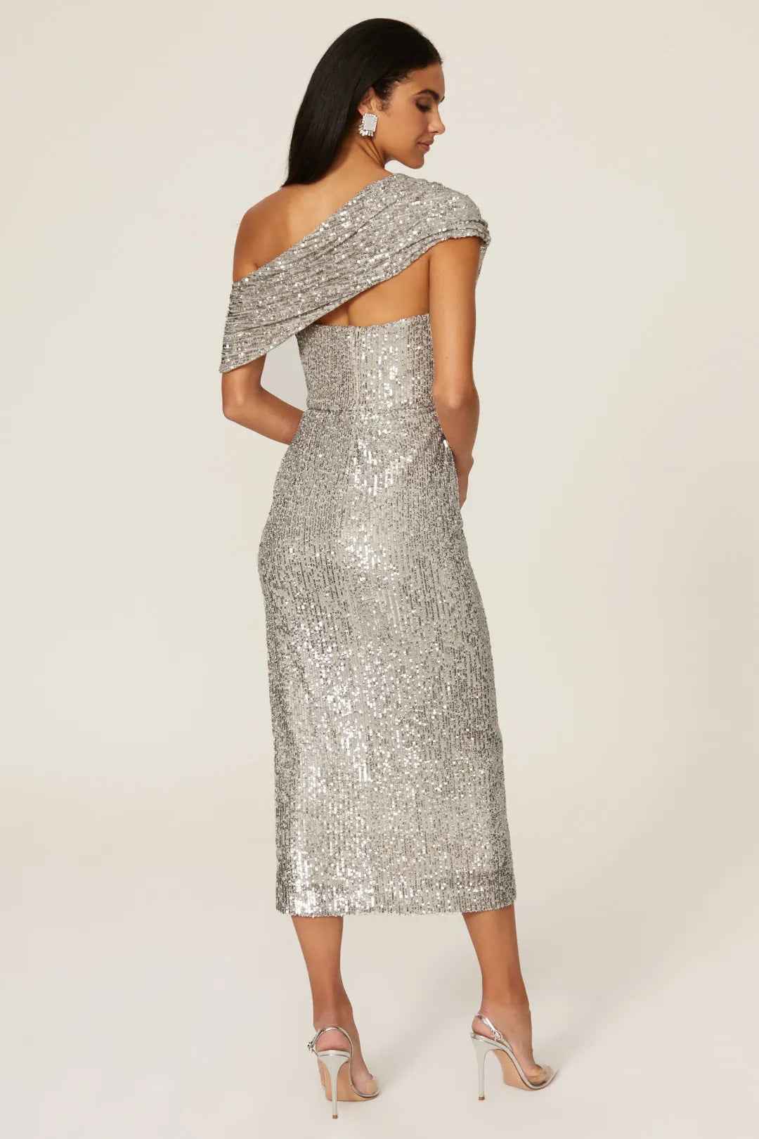 Sequin Midi Dress - White Short Sleeve Round Neck Party