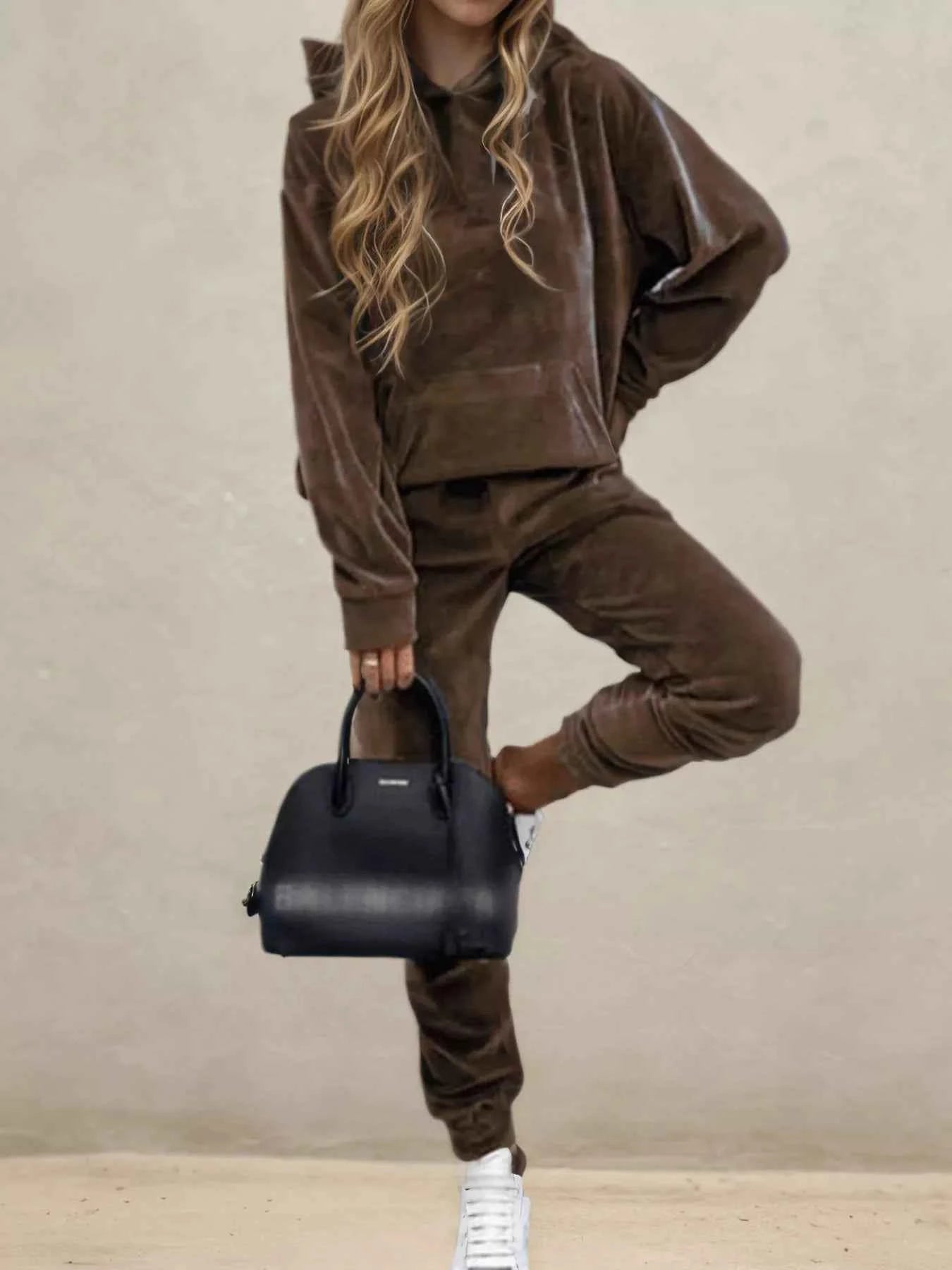 Velvet Long Sleeve Hoodie and Pants Set