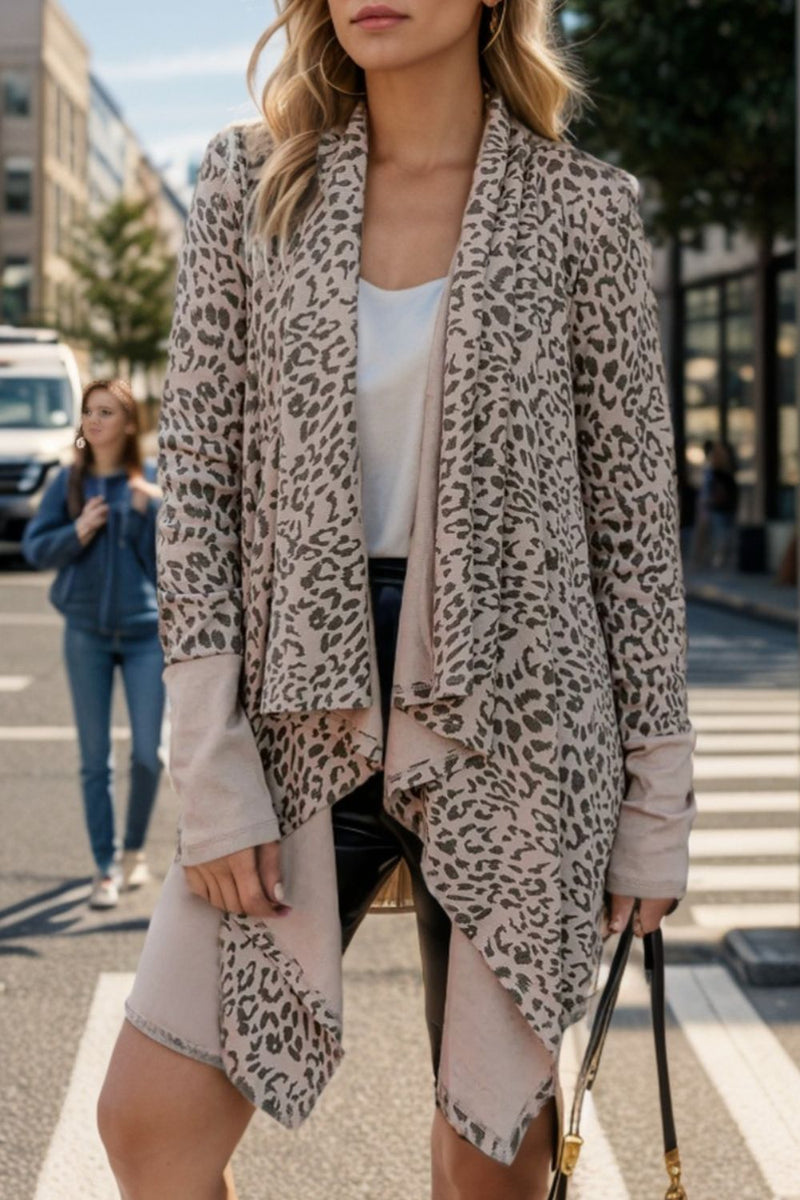 Leopard Open Front Long Sleeve Cover-Up Cardigan