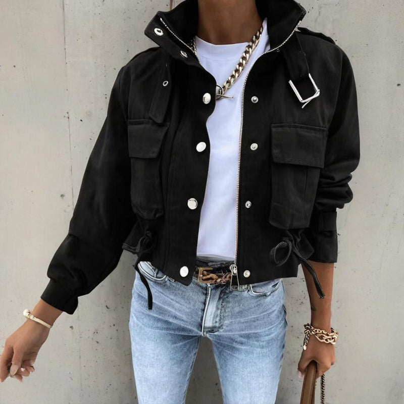 Women's Stand Collar Jacket - Button Zipper Spring Coat - Fashions Envy