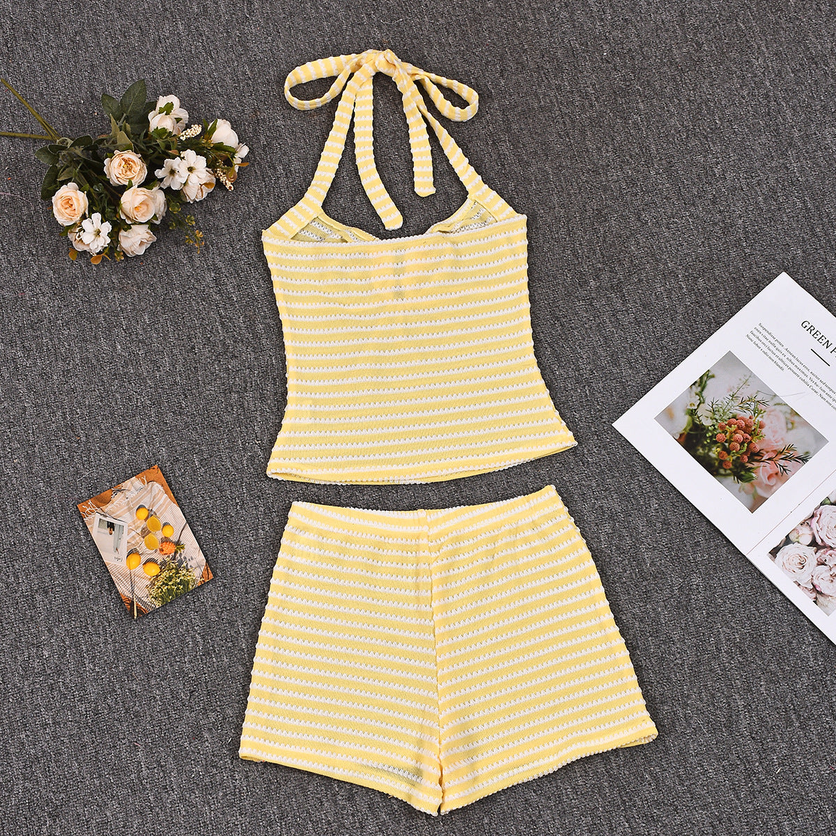 Halter Neck Mini Shorts Set - Decorative Crop Top Outfit