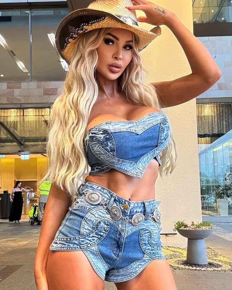 Sexy Heart-shaped Washed Denim Set - Western Style Outfit
