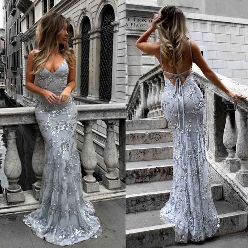 Sequin Lace-Up Back Maxi Dress - Deep V-Neck Spaghetti Strap Gown