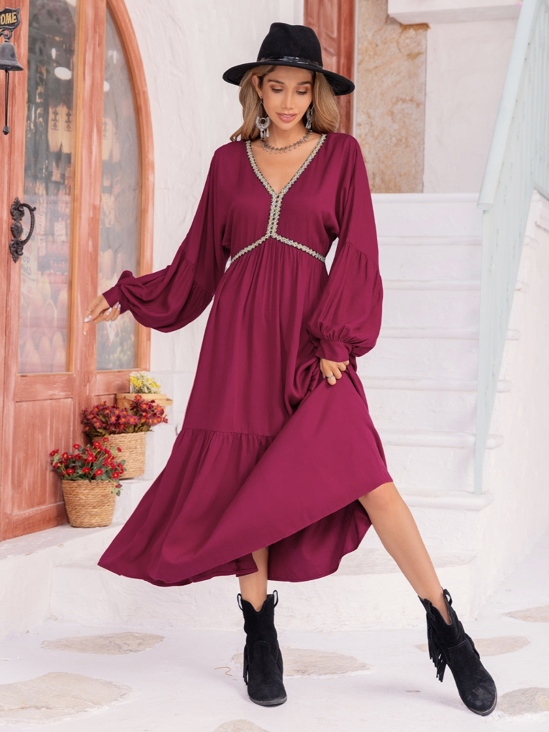 Burgundy V-Neck Lantern Sleeve Ruffle Hem Dress