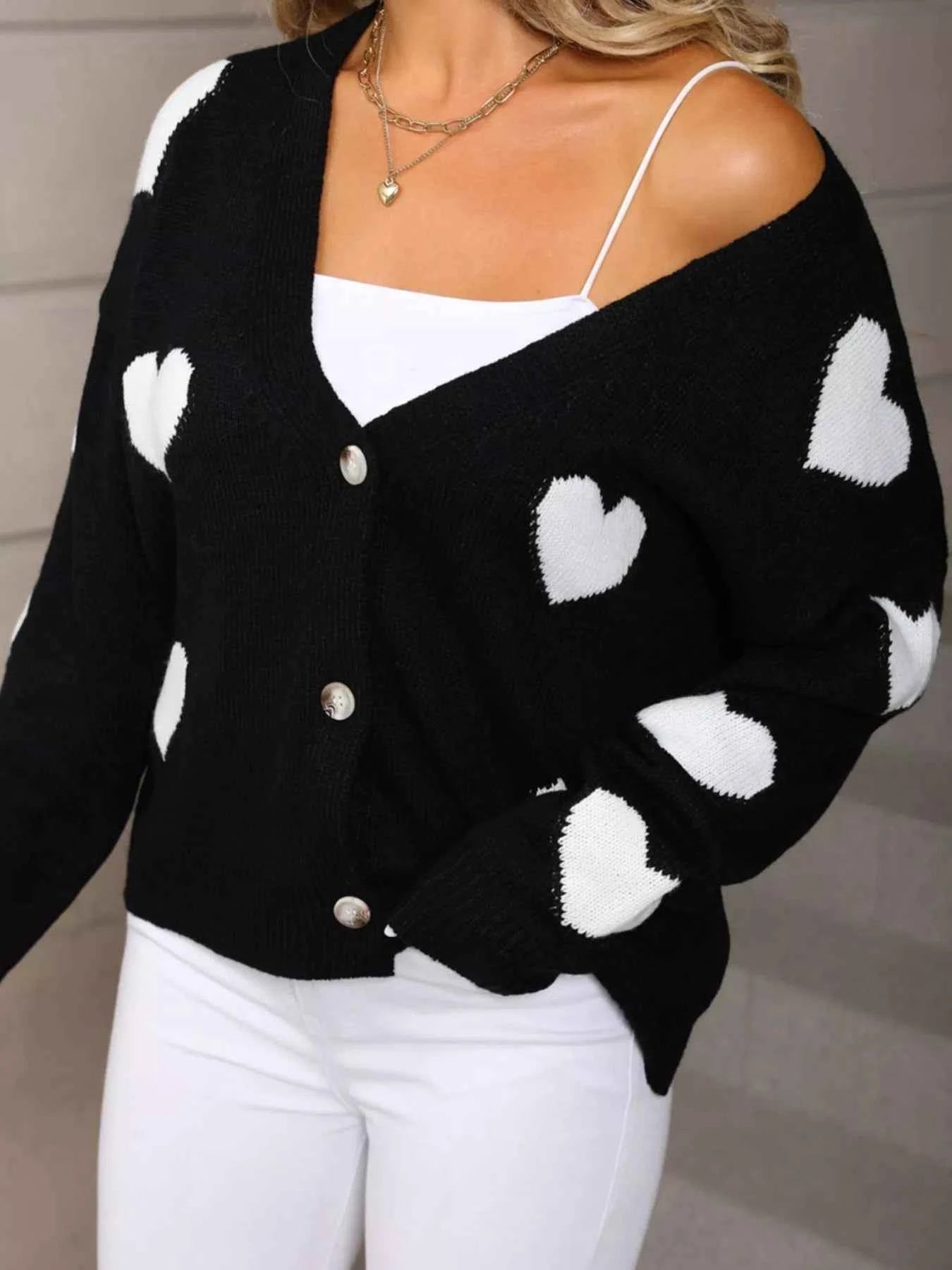 Heart Pattern Cardigan - Valentine's Day Knit Button-Up - Fashions Envy