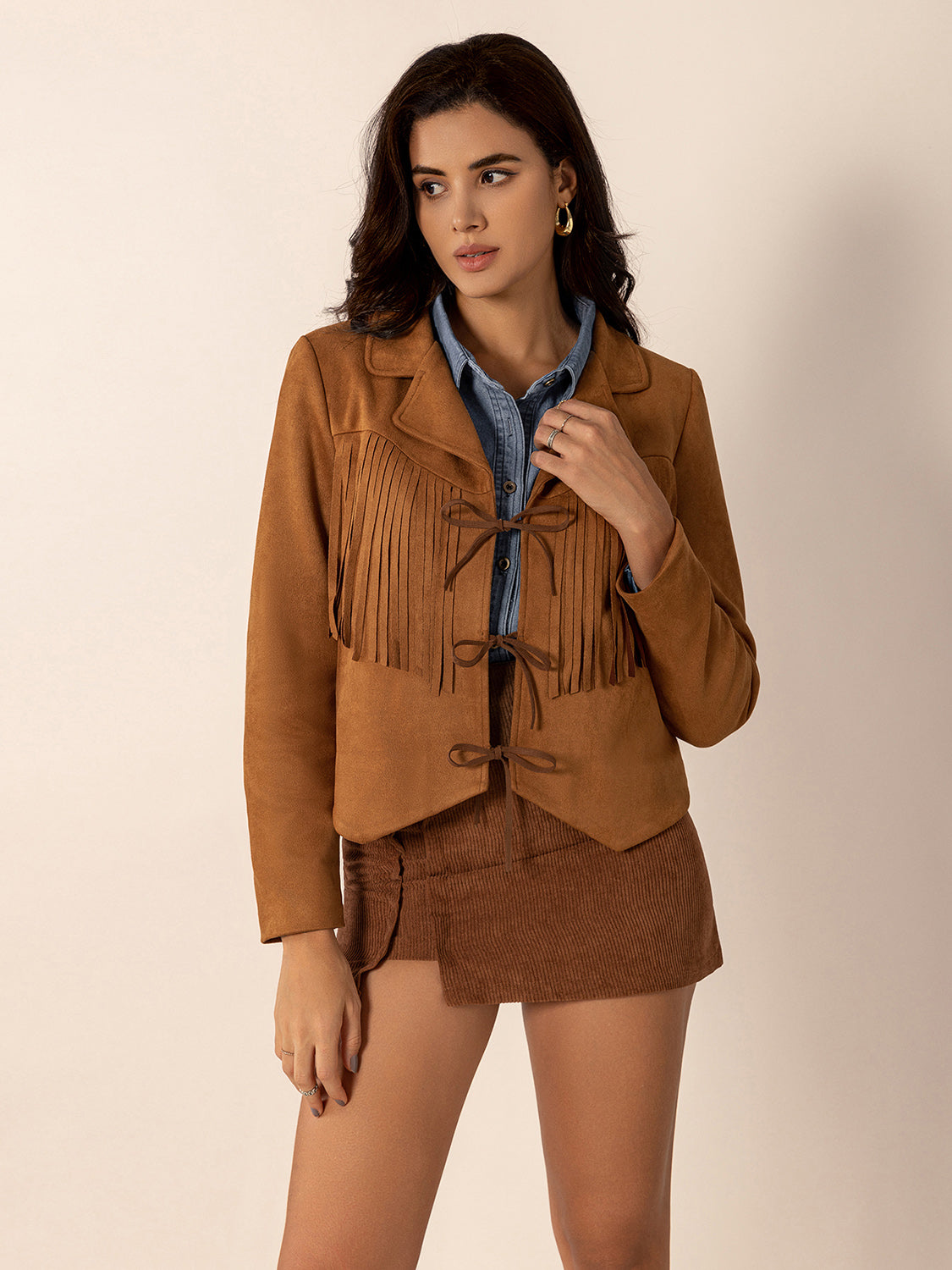 Caramel Tied Tassel Collared Neck Long Sleeve Jacket