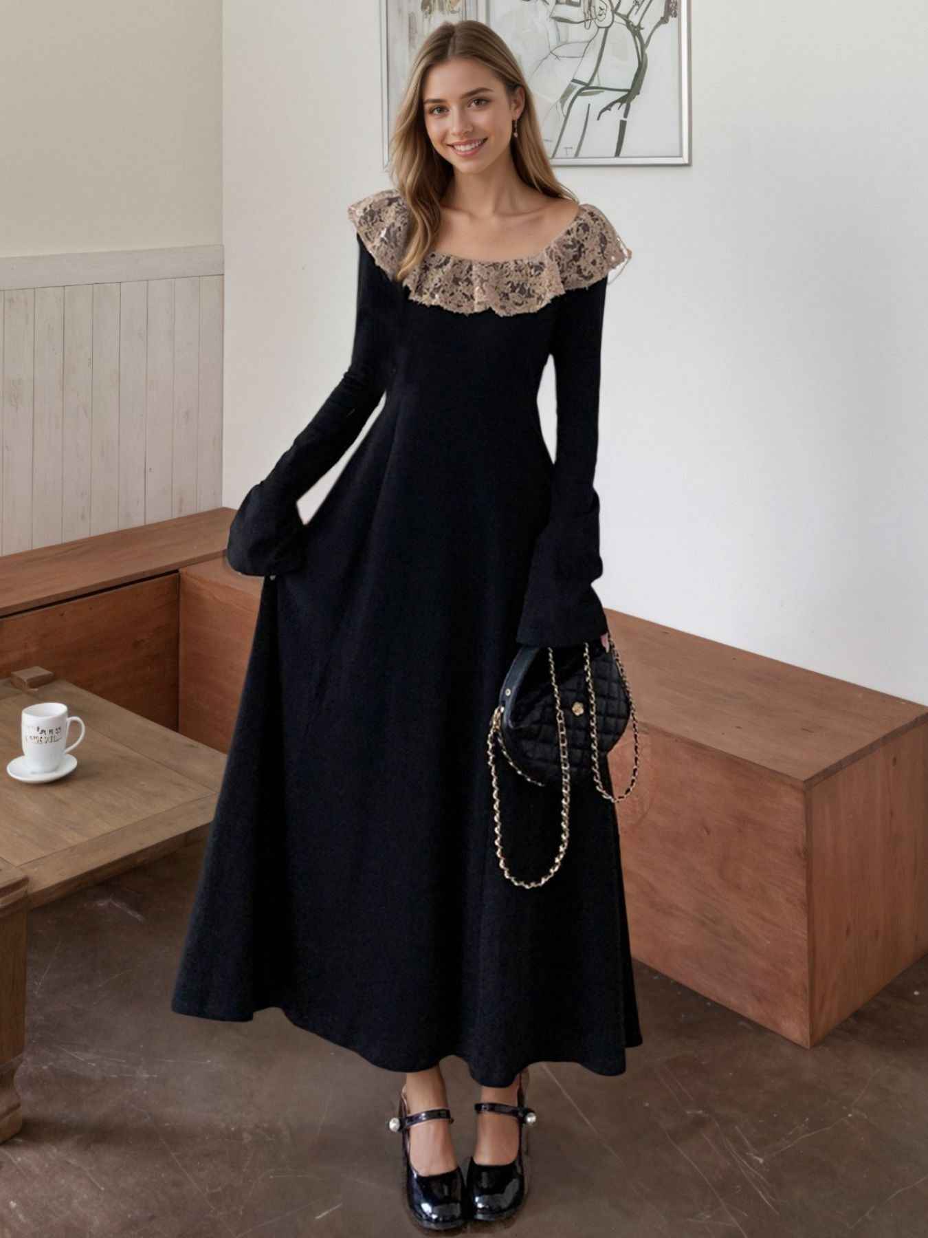 Black Maxi Dress - Lace Collar Long Sleeve Gown