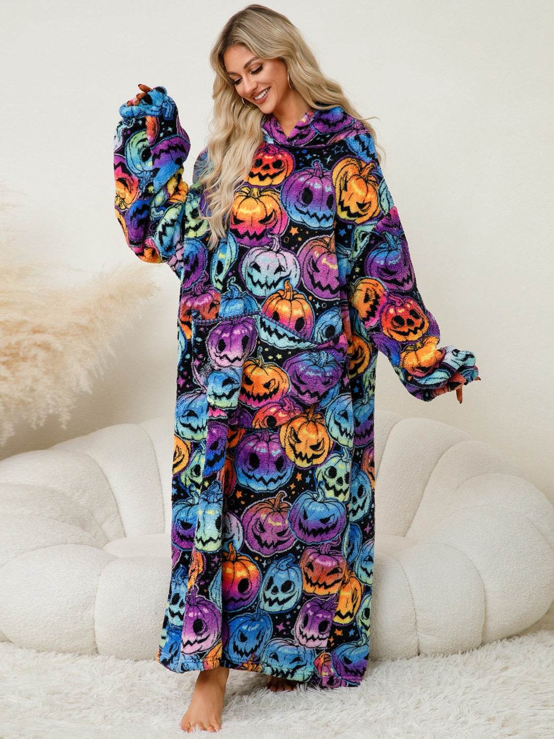 Fuzzy Pocketed Long Sleeve Hooded Lounge Dress - Fashions Envy