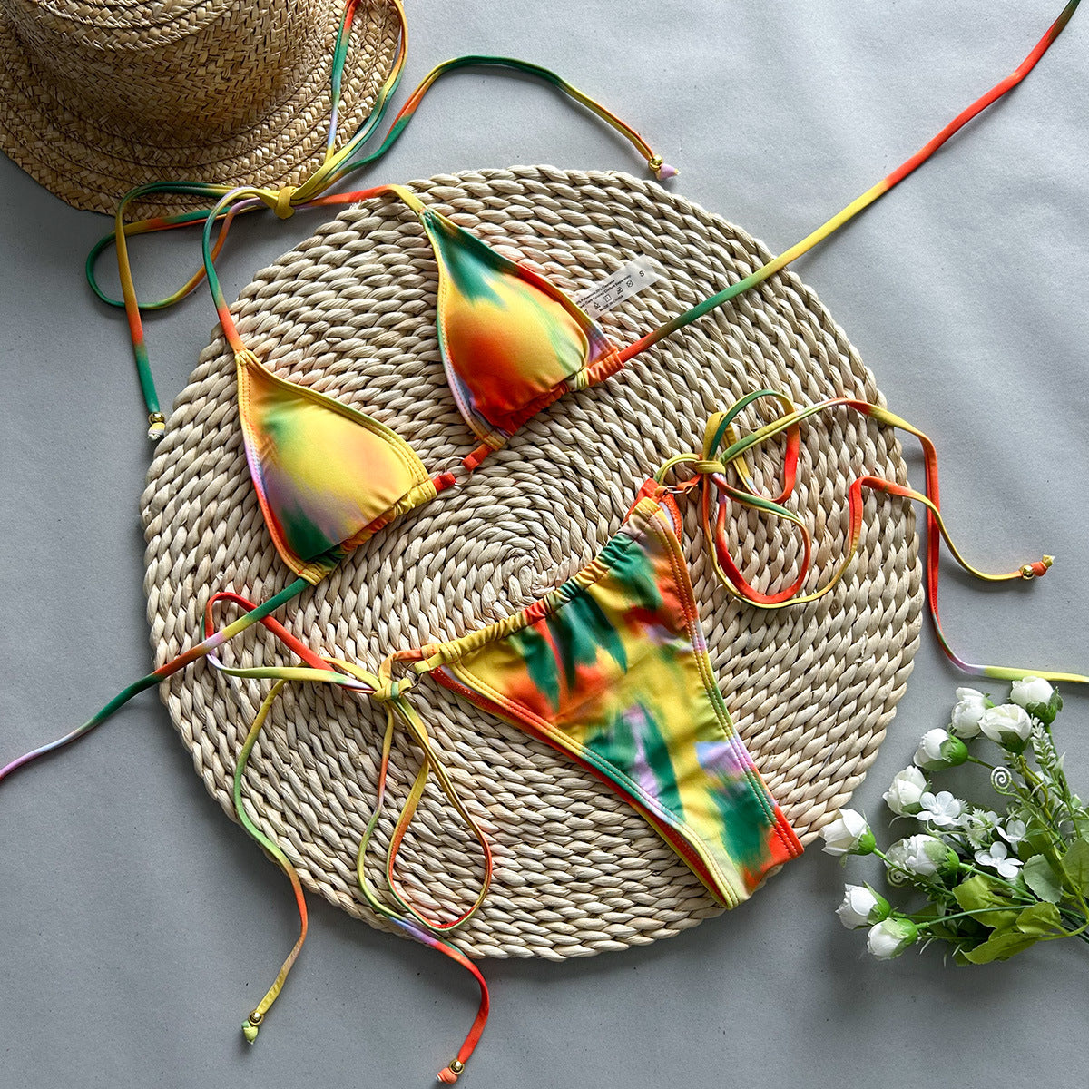 Printed Strap Triangle Bikini Set - Tie Top Chic Beach