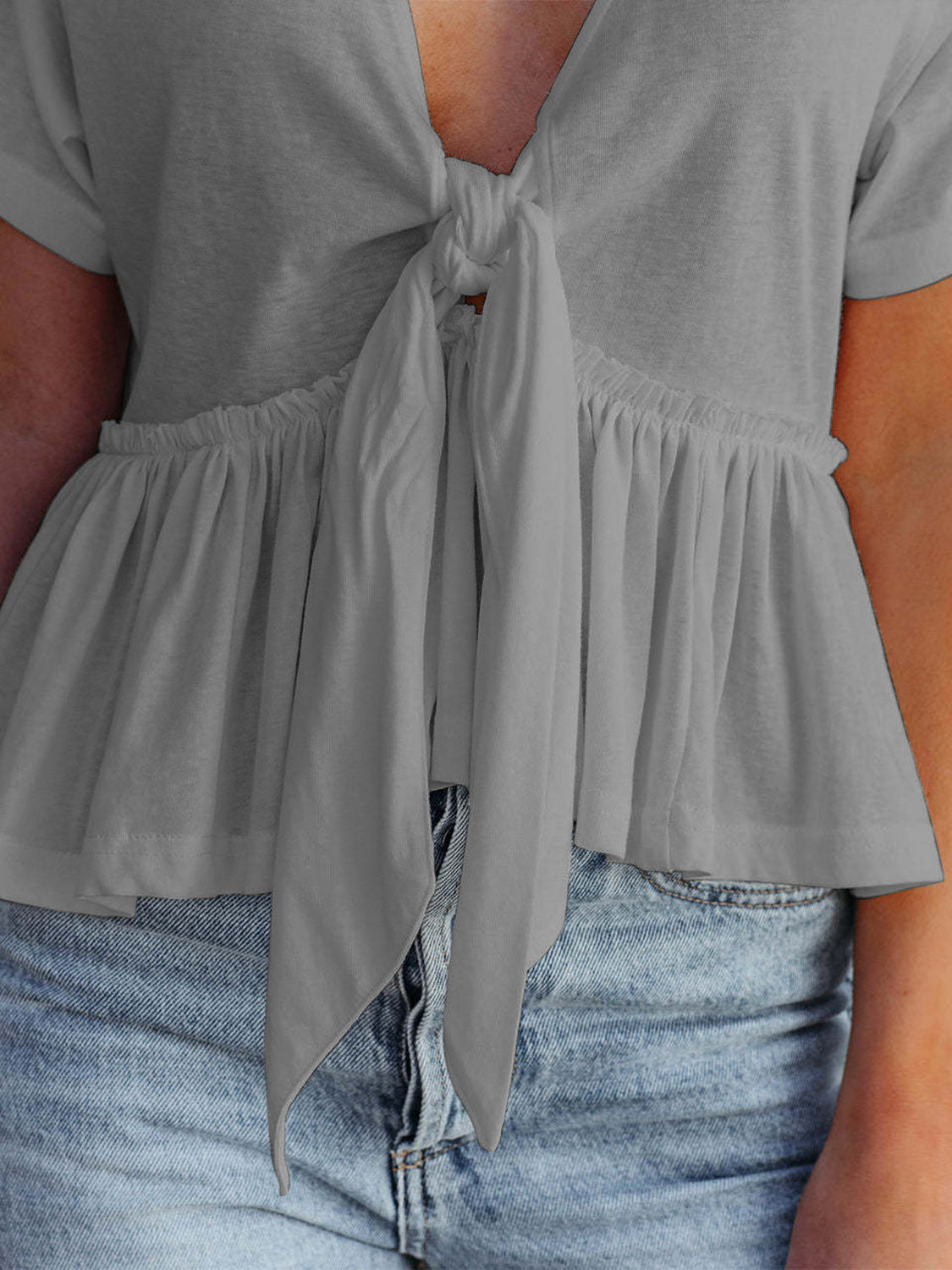 Tied Plunge V-neck Short Sleeve Blouse