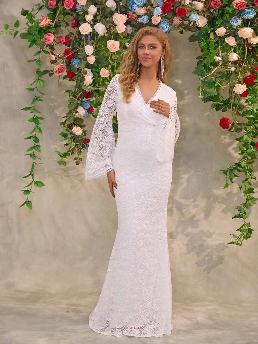 White Lace Flare Sleeve Maxi Dress - Surplice V-Neck Gown
