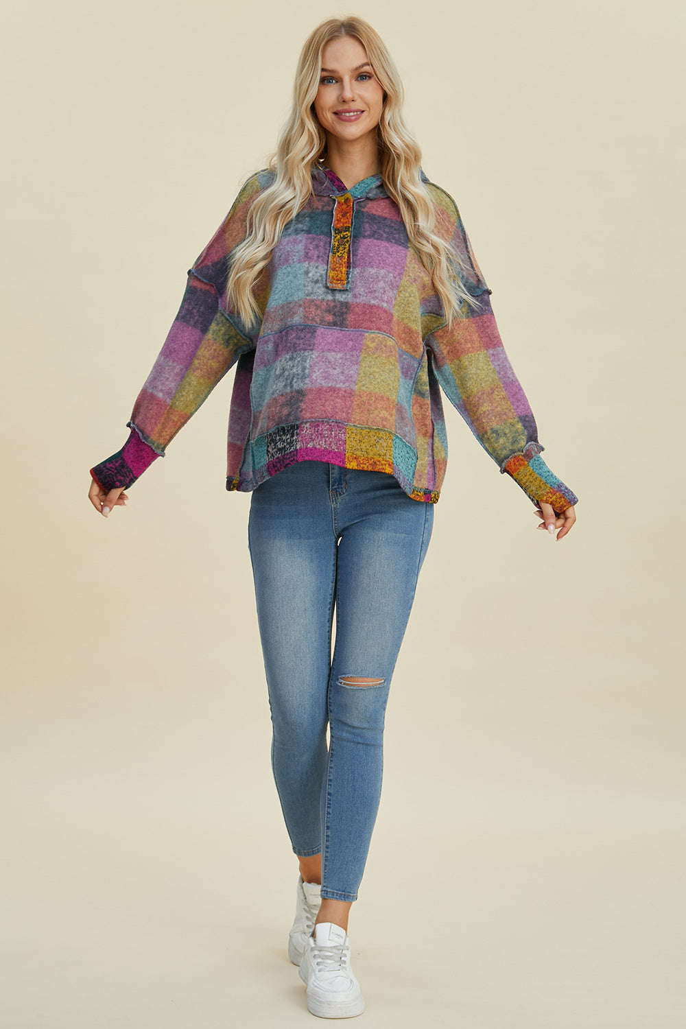 Double Take Full Size Plaid Dropped Shoulder Hoodie - Fashions Envy
