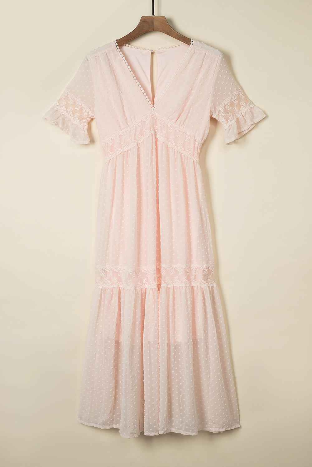 Swiss Dot Ruffle Sleeve Maxi Dress - Pink Lace Trim
